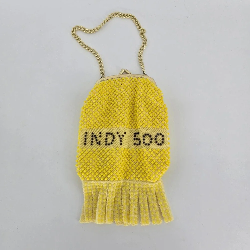 Vintage Thunderbird Indy 500 Beaded Souvenir Purse Yellow Fringe Kiss Lock‎